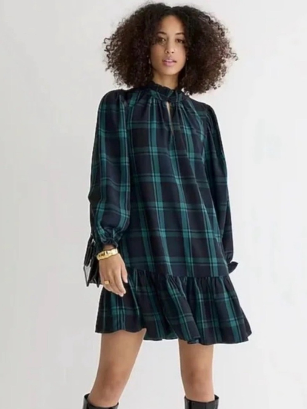 J. Crew Ruffle Puff Sleeve Black Watch Tartan Plaid Dress size large